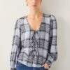 MONSOON Checked V-Neck Tie Front Puff Sleeve Blouse -Marks and Spencer Shop Checked V Neck Tie Front Puff Sleeve Blouse