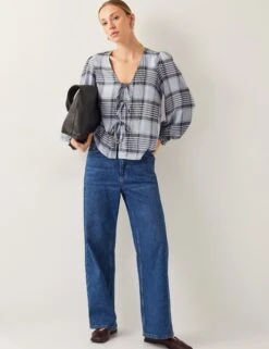 MONSOON Checked V-Neck Tie Front Puff Sleeve Blouse -Marks and Spencer Shop Checked V Neck Tie Front Puff Sleeve Blouse 2