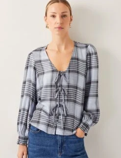 MONSOON Checked V-Neck Tie Front Puff Sleeve Blouse
