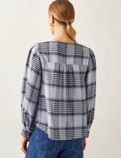 MONSOON Checked V-Neck Tie Front Puff Sleeve Blouse -Marks and Spencer Shop Checked V Neck Tie Front Puff Sleeve Blouse 3