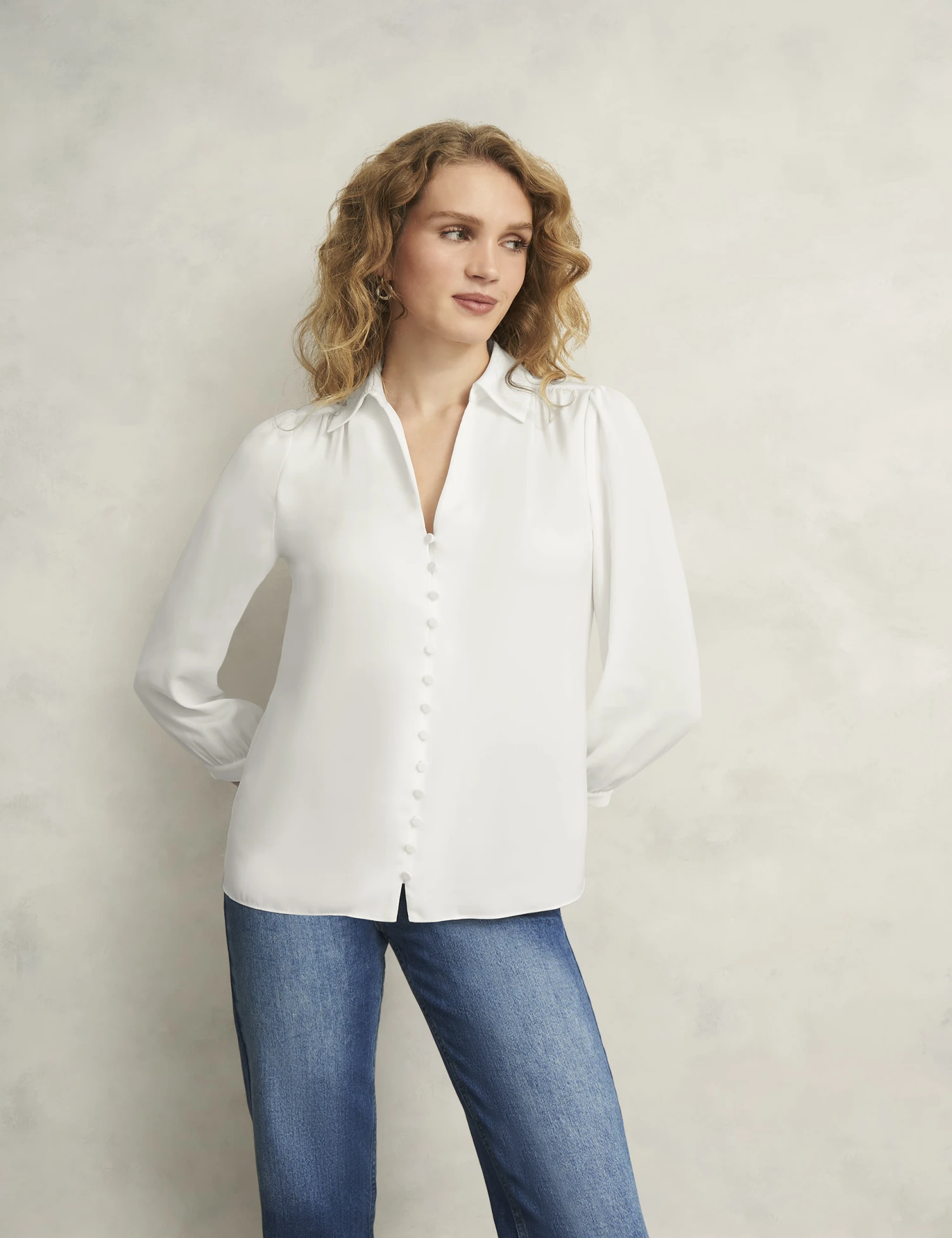 Collared Button Detail Blouson Sleeve Blouse 3 Collared Button Detail Blouson Sleeve Blouse
