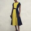 Colour Block Slash Neck Midi Waisted Dress