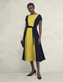 Colour Block Slash Neck Midi Waisted Dress