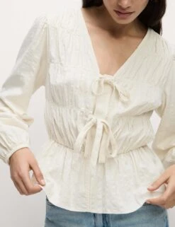 Cotton Rich Tie Front Blouse -Marks and Spencer Shop Cotton Rich Tie Front Blouse 2