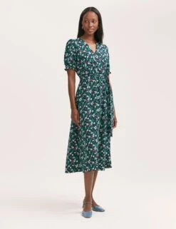 Crepe Floral V-Neck Belted Midi Tea Dress