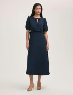 Crepe Tie Neck Frill Detail Midi Tea Dress