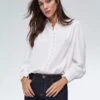 Crew Neck Button Through Puff Sleeve Blouse