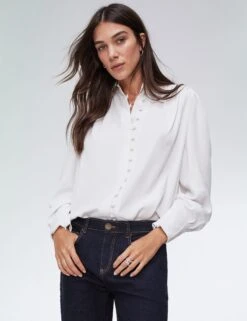 Crew Neck Button Through Puff Sleeve Blouse