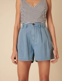 Denim High Waist Pleat Front Shorts