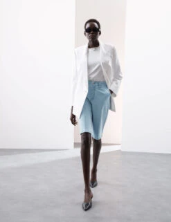 Denim High Waisted Knee Length Bermuda Shorts