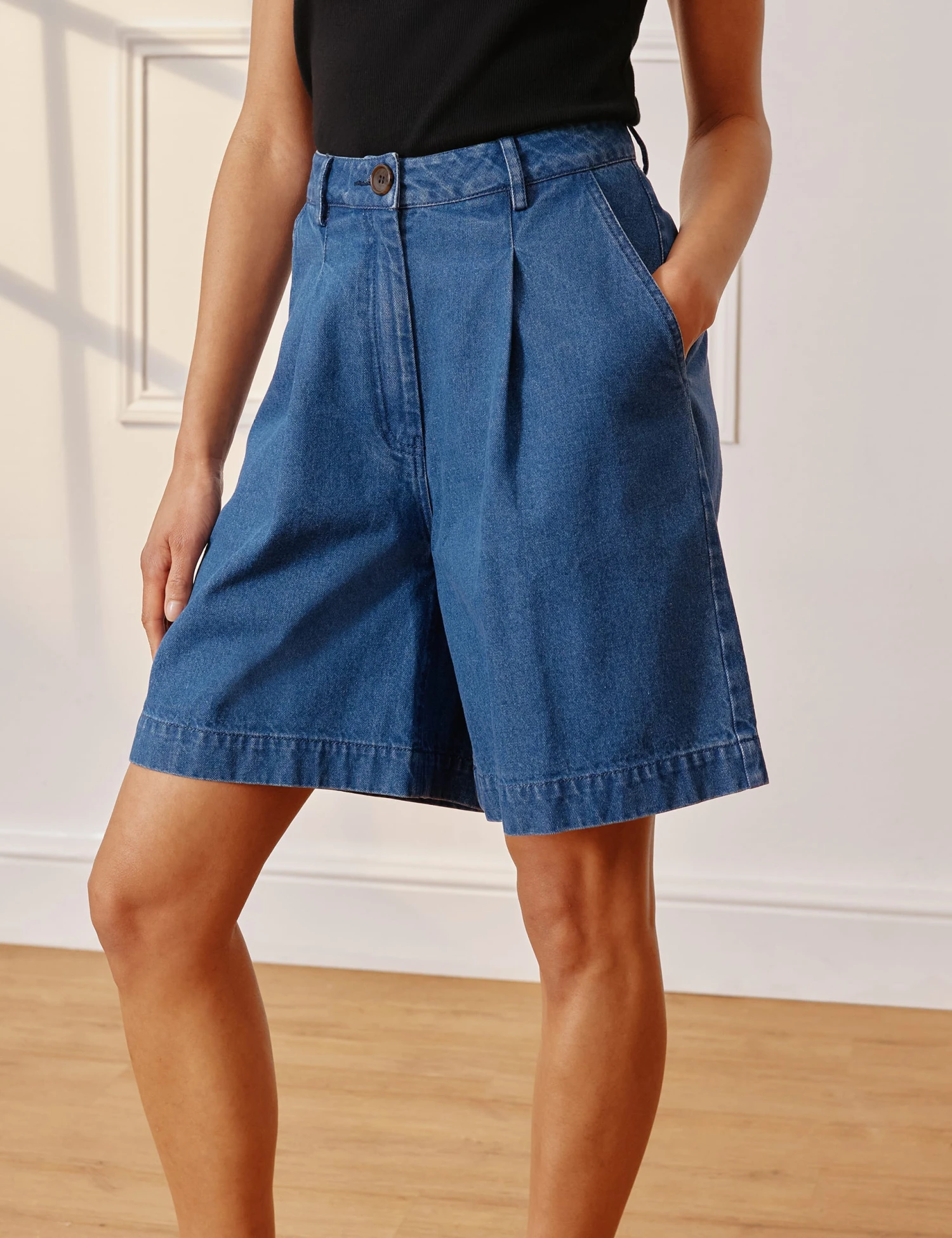 Denim Pleat Front Long Shorts 5 Denim Pleat Front Long Shorts - Image 3