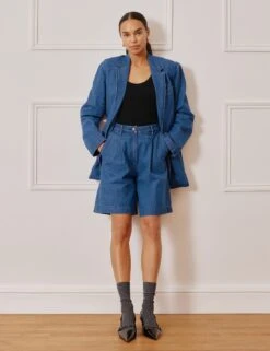 Denim Pleat Front Long Shorts 15 Denim Pleat Front Long Shorts -Marks and Spencer Shop Denim Pleat Front Long Shorts 3