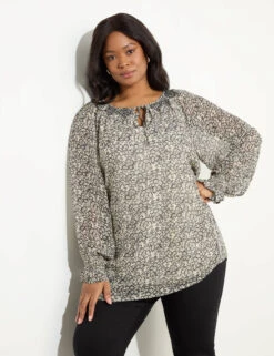 Ditsy Floral Tie Neck Smocked Tunic