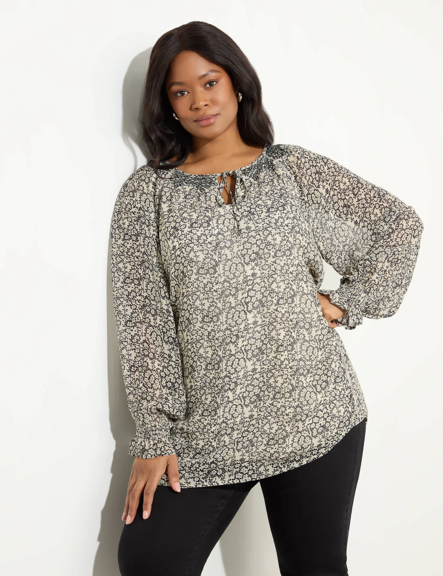 Ditsy Floral Tie Neck Smocked Tunic 3 Ditsy Floral Tie Neck Smocked Tunic