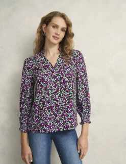 Floral Notch Neck Frill Sleeve Blouse