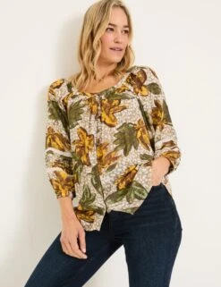 Floral Square Neck Lace Insert Blouson Sleeve Blouse