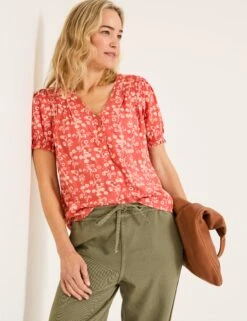 Floral V-Neck Shirred Detail Blouse