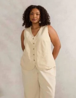 Linen Blend Button Through Waistcoat -Marks and Spencer Shop Linen Blend Button Through Waistcoat 2