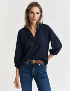 Gant Linen Blend Notch Neck Stand Collar Blouse