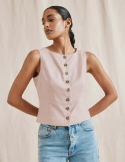 Linen Blend Single Breasted Cropped Waistcoat