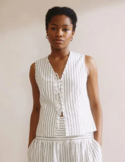 Linen Blend Stripe Tie Front Waistcoat