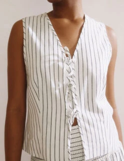 Linen Blend Stripe Tie Front Waistcoat -Marks and Spencer Shop Linen Blend Stripe Tie Front Waistcoat 4