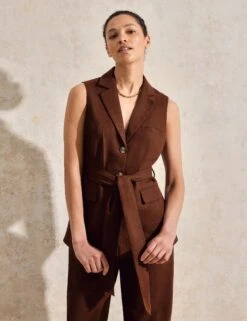 Linen Rich V-Neck Tie Front Waistcoat -Marks and Spencer Shop Linen Rich V Neck Tie Front Waistcoat 2