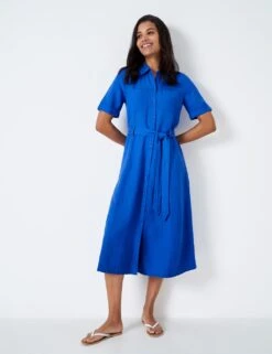 Linen Blend Belted Midi Shirt Dress