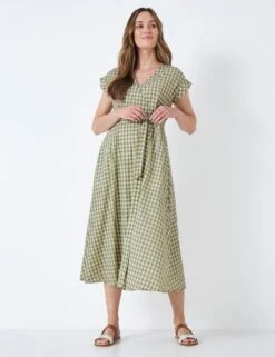 Pure Cotton Gingham V-Neck Midi Wrap Dress