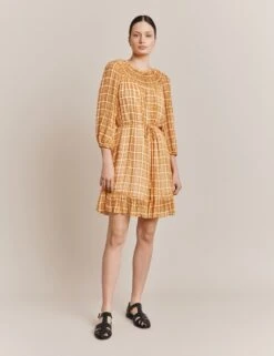 Ghost Checked Tie Waist Mini Smock Dress