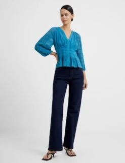 French Connection Pleated V-Neck Relaxed Smocked Blouse