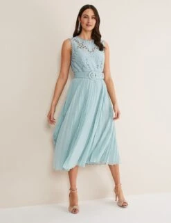Embroidered Lace Belted Midi Shift Dress