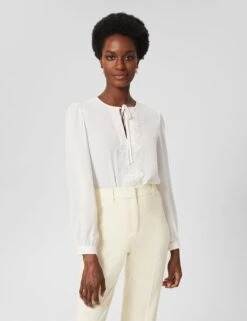 Embroidered Tie Neck Blouson Sleeve Blouse