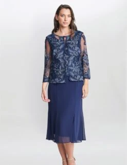 Lace Midi Swing Dress With Mock Jacket