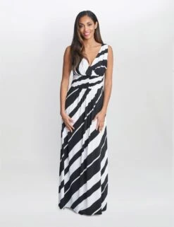 Jersey Striped V-Neck Maxi Waisted Dress
