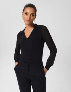 V-Neck Frill Detail Blouson Sleeve Blouse