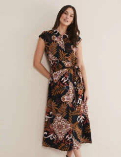 Printed Tie Front Midaxi Waisted Dress