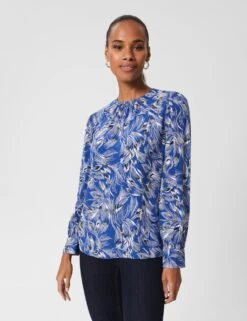 Leaf Print Round Neck Blouse
