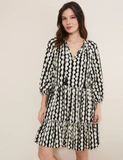 Printed V-Neck Mini Tiered Swing Dress