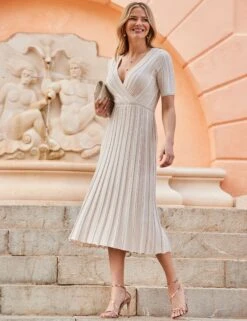 Metallic Striped V-Neck Midi Skater Dress