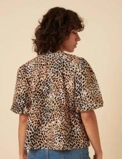 Pure Cotton Animal Print Collarless Tie Front Puff Sleeve Blouse -Marks and Spencer Shop Pure Cotton Animal Print Collarless Tie Front Puff Sleeve Blouse 2
