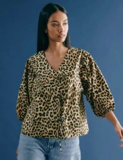 Pure Cotton Animal Print V-Neck Blouse