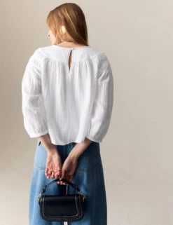 Pure Cotton Blouson Sleeve Popover Blouse