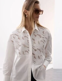 Pure Cotton Broderie Detail Relaxed Shirt -Marks and Spencer Shop Pure Cotton Broderie Detail Relaxed Shirt 3