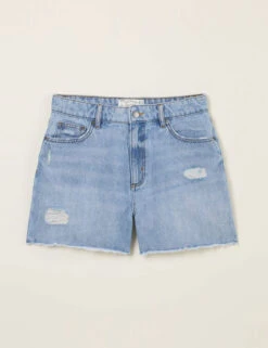 Pure Cotton Denim Distressed Mid Rise Shorts