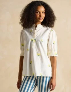 Joules Pure Cotton Embroidered Puff Sleeve Blouse