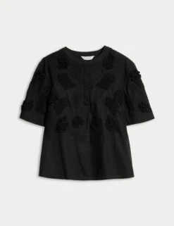 Marks and Spencer Shop -Marks and Spencer Shop Pure Cotton Embroidered Round Neck Short Sleeve Blouse 1