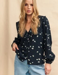 Pure Cotton Floral Collared V-Neck Blouse