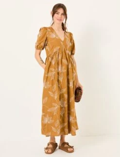 Pure Cotton Leaf Print V-Neck Midi Dress