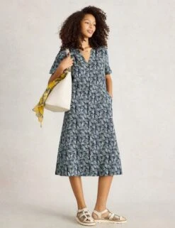 WHITE STUFF Pure Linen Printed V-Neck Midi Tea Dress